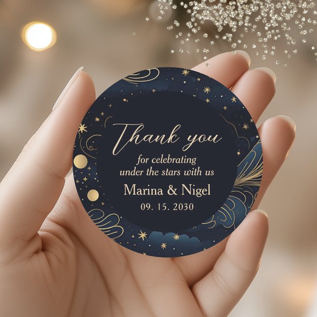Celestial Navy Gold Wedding Thank You Classic Round Sticker (Creator Uploaded)
