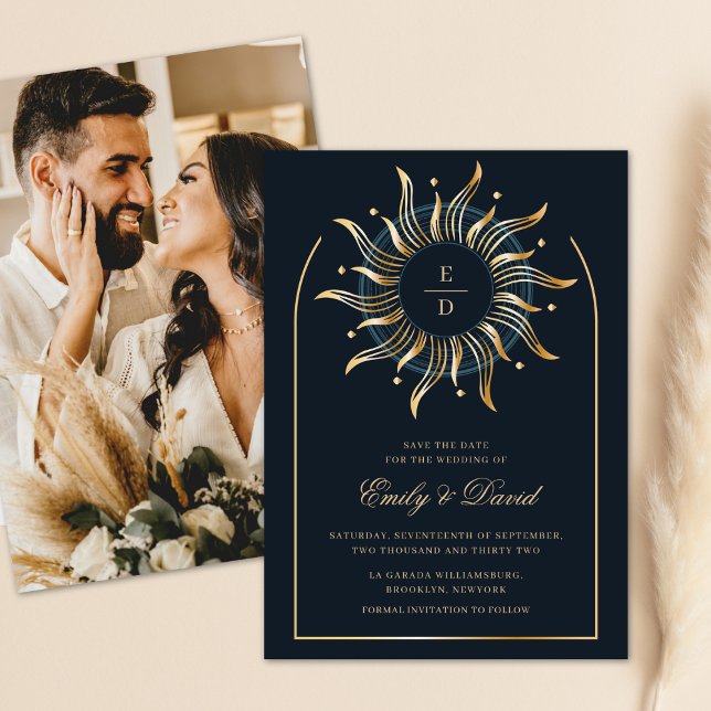 Celestial Navy Golden Monogram Mystical Photo Save The Date (Creator Uploaded)