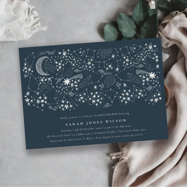 Celestial Navy Starry Night Moon Baby Shower Invitation (Creator Uploaded)