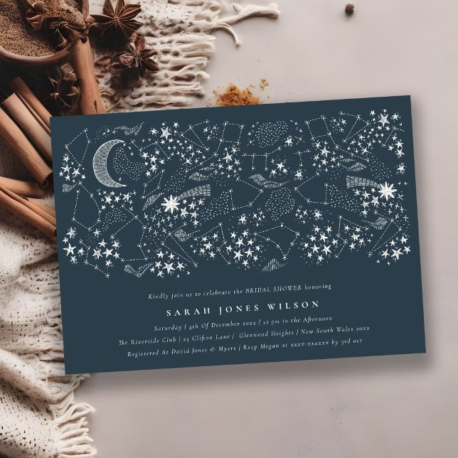 Celestial Navy Starry Night Moon Bridal Shower Invitation (Creator Uploaded)