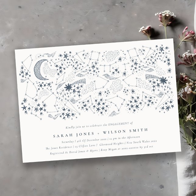 Celestial Navy Starry Night Moon Sketch Engagement Invitation (Creator Uploaded)