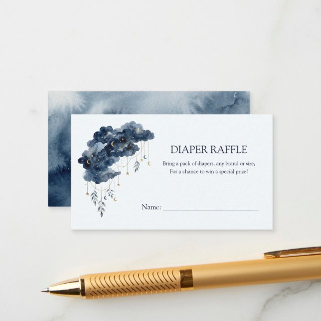 Celestial Navy Watercolor Cloud Diaper Raffle Card (Front/Back In Situ)