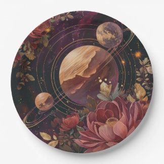 Celestial Nebula Crystal Planet Purple Paper Plate