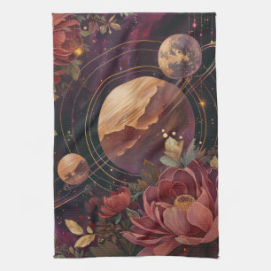 Celestial Nebula Crystal Planet Purple Tea Towel