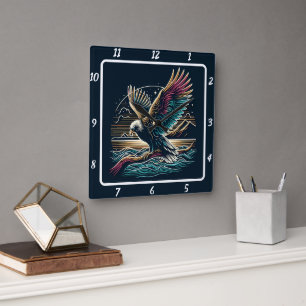 Celestial Neon Eagle Square Wall Clock