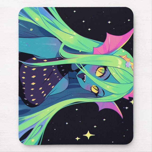 Celestial Neon Mermaid — Kawaii Cosmic Siren Vibes Mouse Pad (Front)
