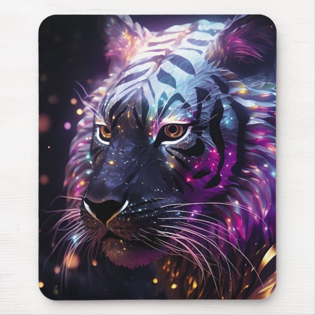 Celestial Neon Tiger – Futuristic Glowing Big Cat  Mouse Pad (Front)