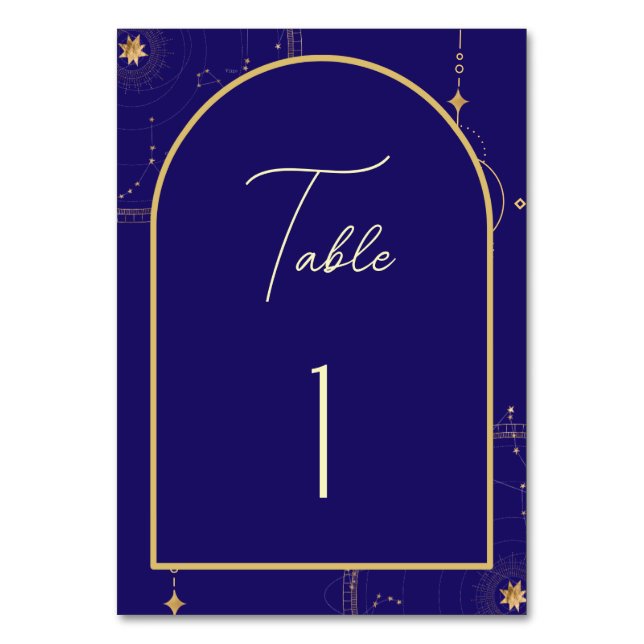 Celestial Night Sky Navy Blue and Gold Wedding Table Number (Front)