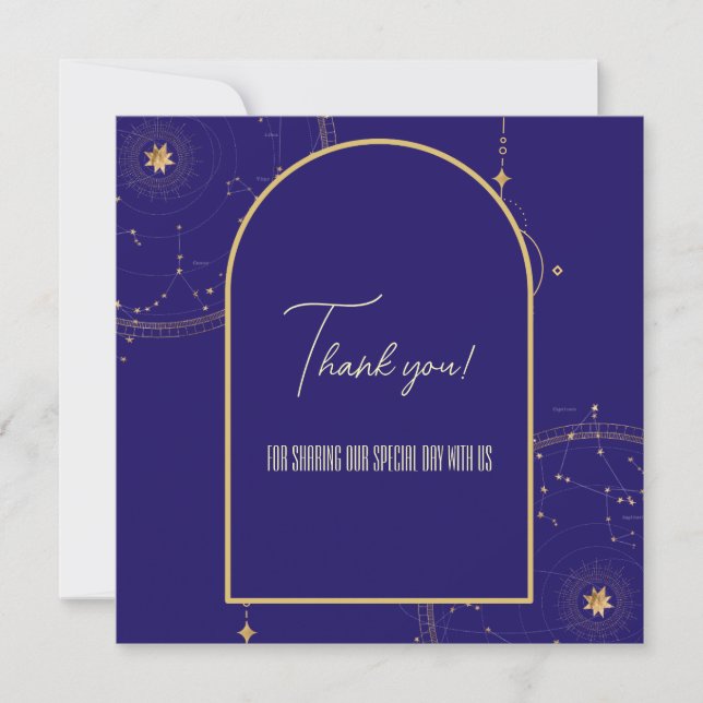 Celestial Night Sky Navy Blue and Gold Wedding Thank You Card (Front)