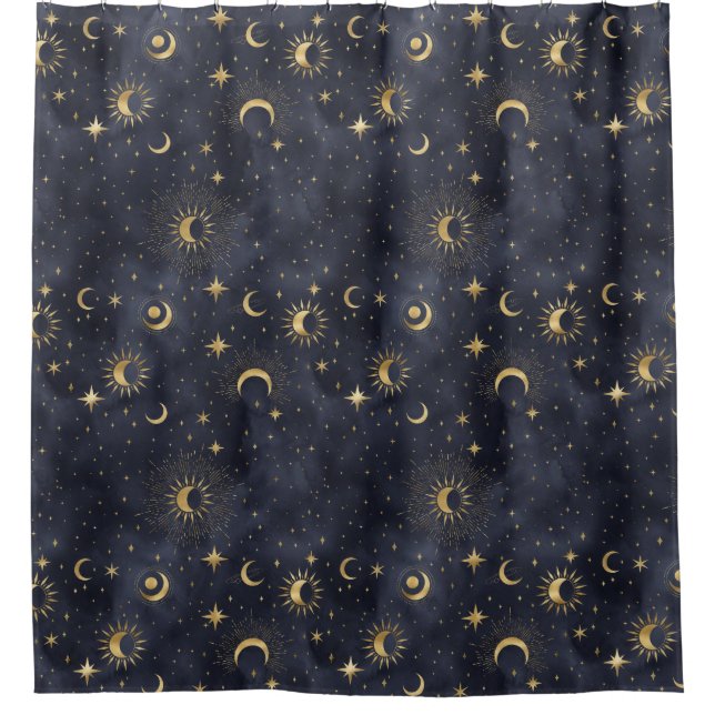 Celestial night sky pattern shower curtain (Front)