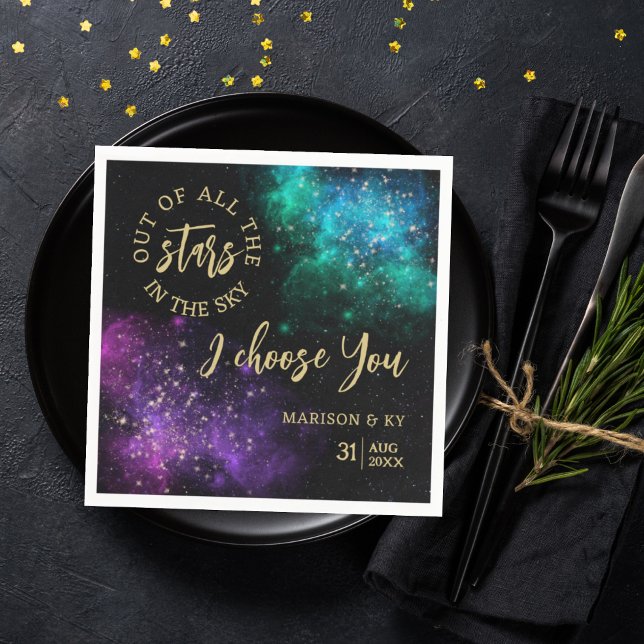 Celestial Night Sky Pink Teal Nebula Star Wedding Napkin (Creator Uploaded)