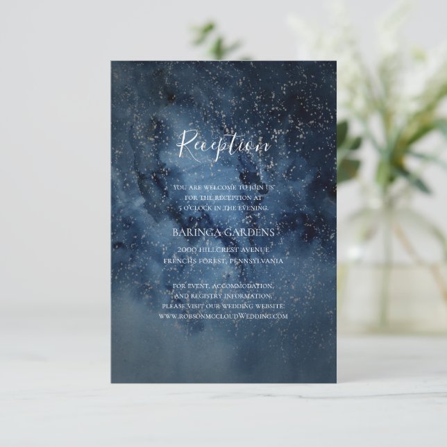 Celestial Night Sky Silver Wedding Reception Card (Standing Front)