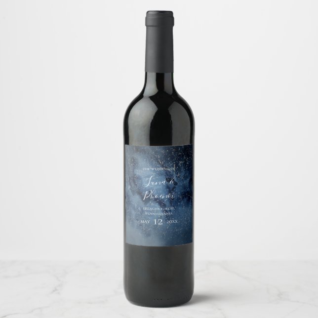 Celestial Night Sky | Silver Wedding Wine Label (Front)