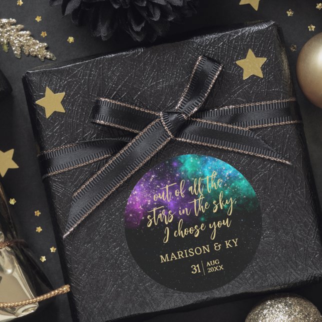 Celestial Night Sky Space Nebula Gold Star Wedding Classic Round Sticker (Creator Uploaded)