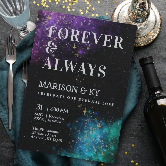 Celestial Night Sky Space Nebula Gold Star Wedding Invitation (Creator Uploaded)