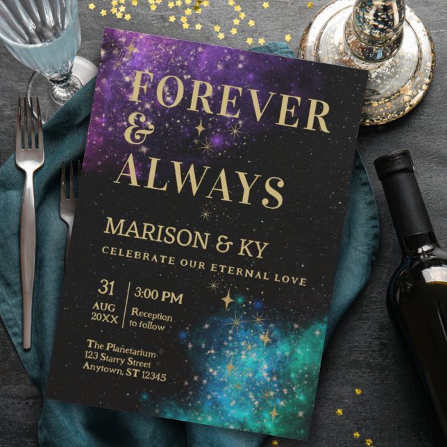 Celestial Night Sky Space Nebula Gold Star Wedding Invitation (Creator Uploaded)