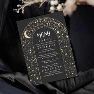Celestial Night Sky Stars Arch Black Wedding Menu Invitation