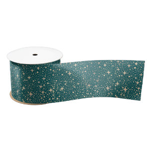 Celestial Night Sky Stars Teal and Gold Satin Ribbon