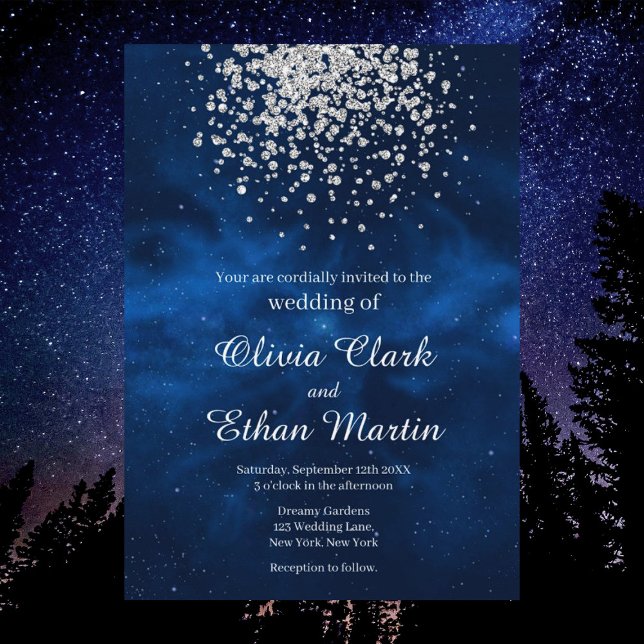 Celestial Night Sky With Silver Confetti Wedding Invitation (Creator Uploaded)