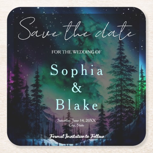 Celestial Northern Lights Wedding Save the Date Square Paper Coaster (Front)