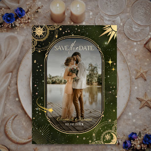 Celestial Olive Green Moon Sun Wedding Save The Date