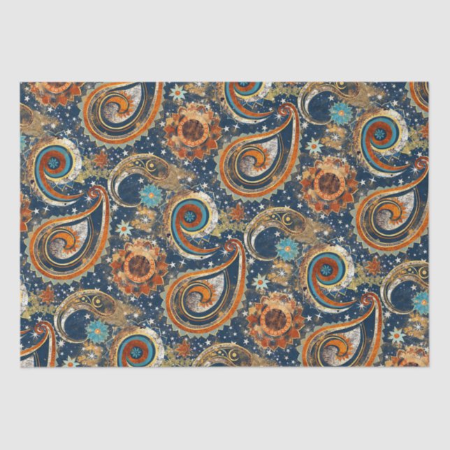  Celestial Paisley Pattern Navy Blue, Orange, Gold Tissue Paper (Front)