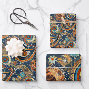  Celestial Paisley Pattern Navy Blue, Orange, Gold Wrapping Paper Sheet