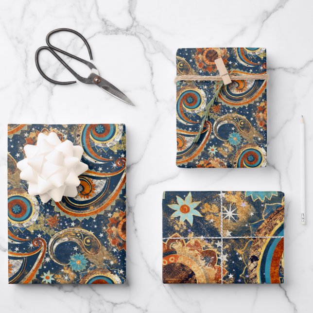  Celestial Paisley Pattern Navy Blue, Orange, Gold Wrapping Paper Sheet (Front)