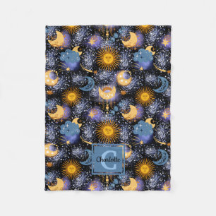 Celestial Pattern Moon Stars Sun Monogram Baby Fle Fleece Blanket