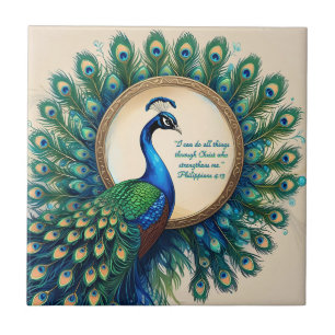 Celestial Peacock Bloom Bible Verse  Ceramic Tile