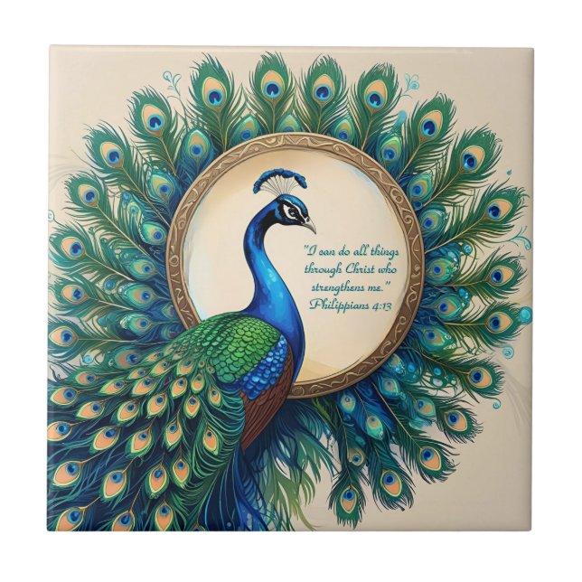 Celestial Peacock Bloom Bible Verse  Ceramic Tile (Front)
