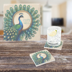 Celestial Peacock Bloom Bible Verse  Stone Coaster