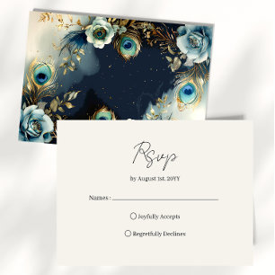 Celestial Peacock Feathers Elegant Wedding RSVP Card