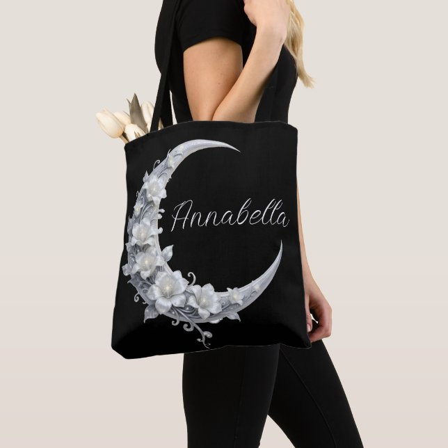 Celestial Personalised Moon Goddess Name on Black Tote Bag (Close Up)