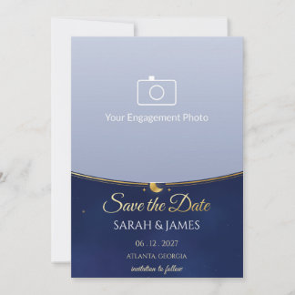 Celestial Photo Save the Date, Navy Gold Moon Invitation