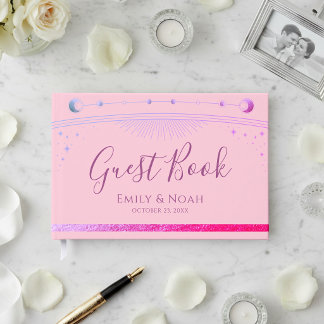 Celestial Pink Purple Sun Moon Stars Wedding  Guest Book