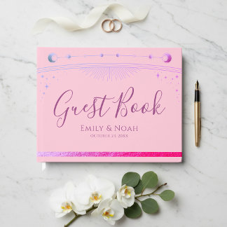 Celestial Pink Purple Sun Moon Stars Wedding  Guest Book