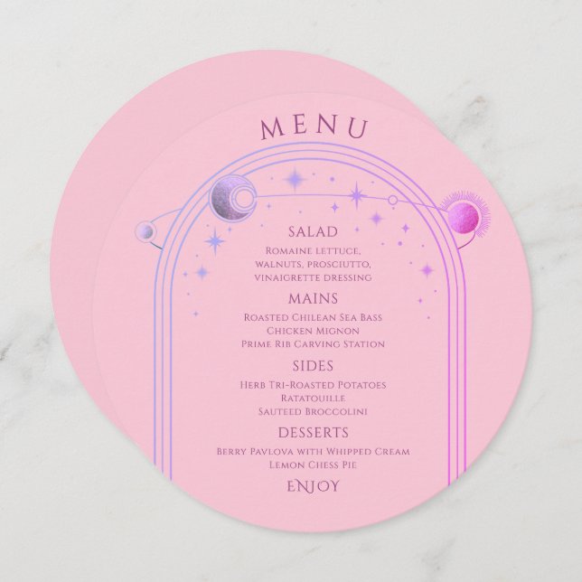 Celestial Pink Purple Sun Moon Stars Wedding Menu (Front/Back)