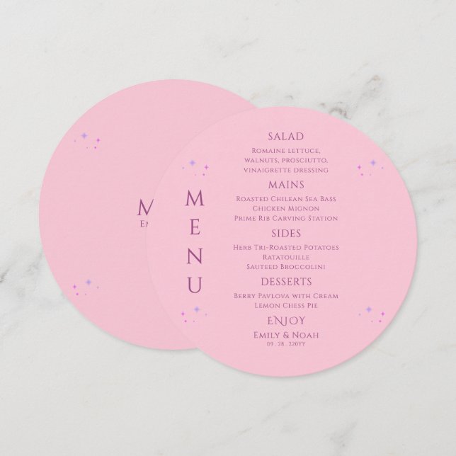 Celestial Pink Purple Sun Moon Stars Wedding Menu (Front/Back)