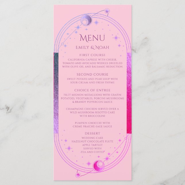 Celestial Pink Purple Sun Moon Stars Wedding Menu (Front)