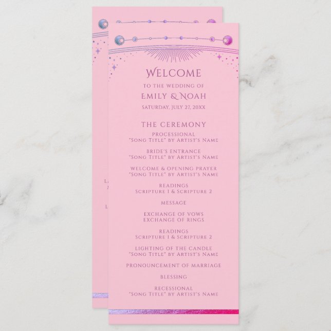Celestial Pink Purple Sun Moon Stars Wedding Program (Front/Back)