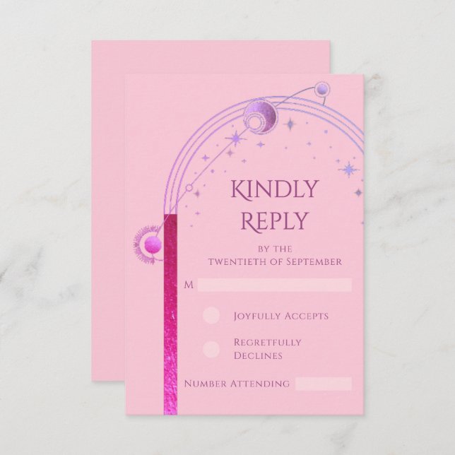 Celestial Pink Purple Sun Moon Stars Wedding RSVP Card (Front/Back)