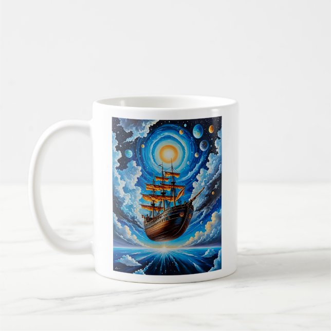 Celestial Pirate Ship Voyage T Shirt Design Coffee Mug (Left)