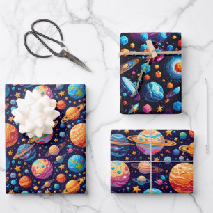Celestial Planets and Stars Wrapping Paper Sheet