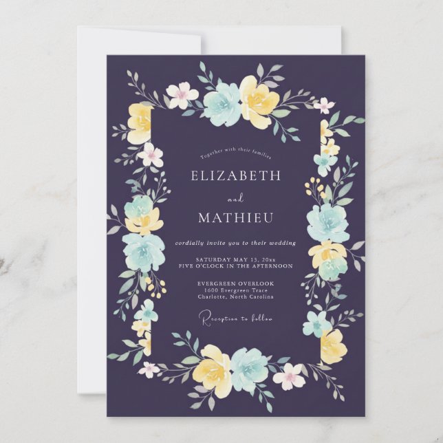Celestial Plum Aqua Blossom Wedding Invitation (Front)