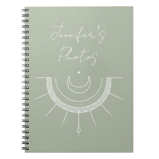 Celestial Pretty Olive Green Sun Moon Personalised Notebook (Front)