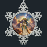 Celestial Priestess of the Golden Pyramid. Snowflake Pewter Christmas Ornament<br><div class="desc">Celestial Priestess of the Golden Pyramid. In the golden silence of the desert, where ancient pyramids touch the sky and the stars whisper forgotten stories, a young celestial priestess walks between worlds. Crowned with sacred symbols and carrying a winged staff of divine power, she guards the timeless wisdom of the...</div>