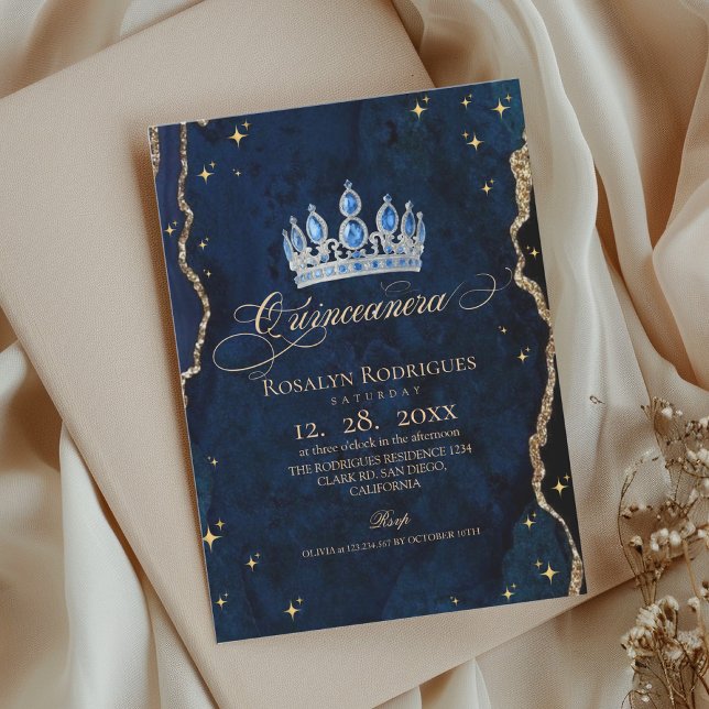  Celestial Princess Quinceanera Blue Gold Stars Invitation (Creator Uploaded)