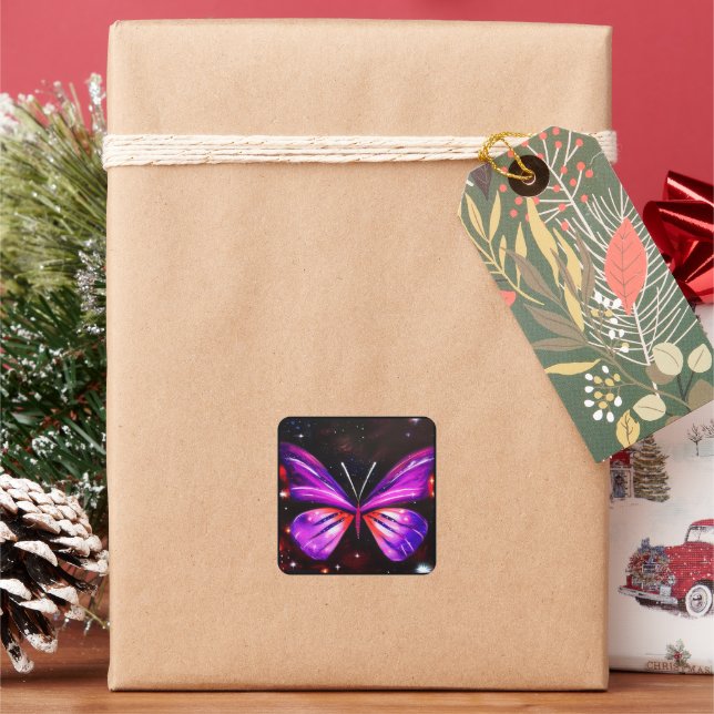 Celestial Purple butterfly black background Square Sticker (Holiday)