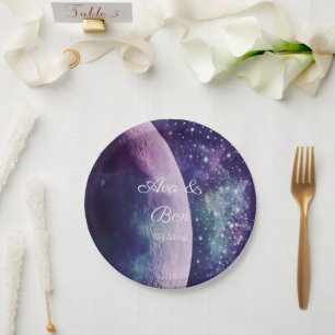 Celestial Purple Galaxy Moon Wedding Paper Plate